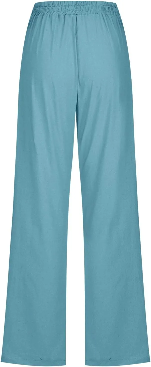 Women's Linen Pants Straight Leg Loose Trousers Drawstring Elastic High Waist Pants Comfy Palazzo Pants 2024, Medium