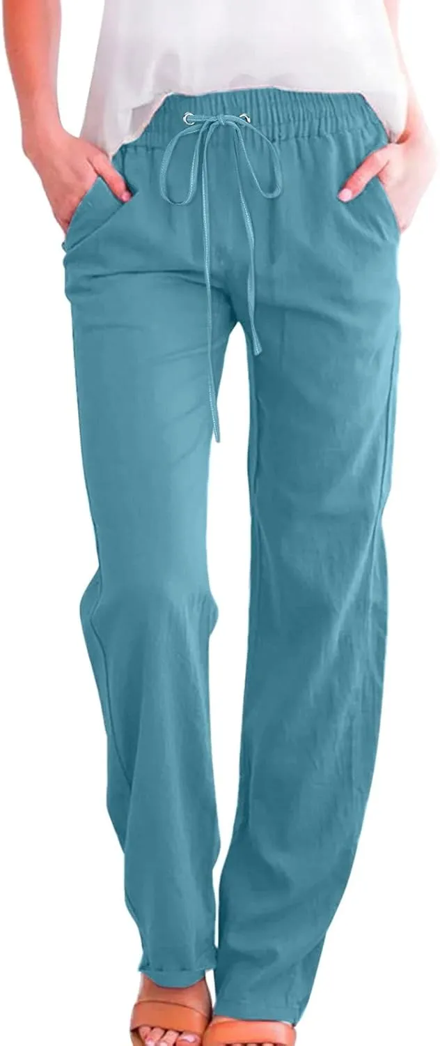 Women's Linen Pants Straight Leg Loose Trousers Drawstring Elastic High Waist Pants Comfy Palazzo Pants 2024, Medium