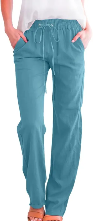 Women's Linen Pants Straight Leg Loose Trousers Drawstring Elastic High Waist Pants Comfy Palazzo Pants 2024, Medium