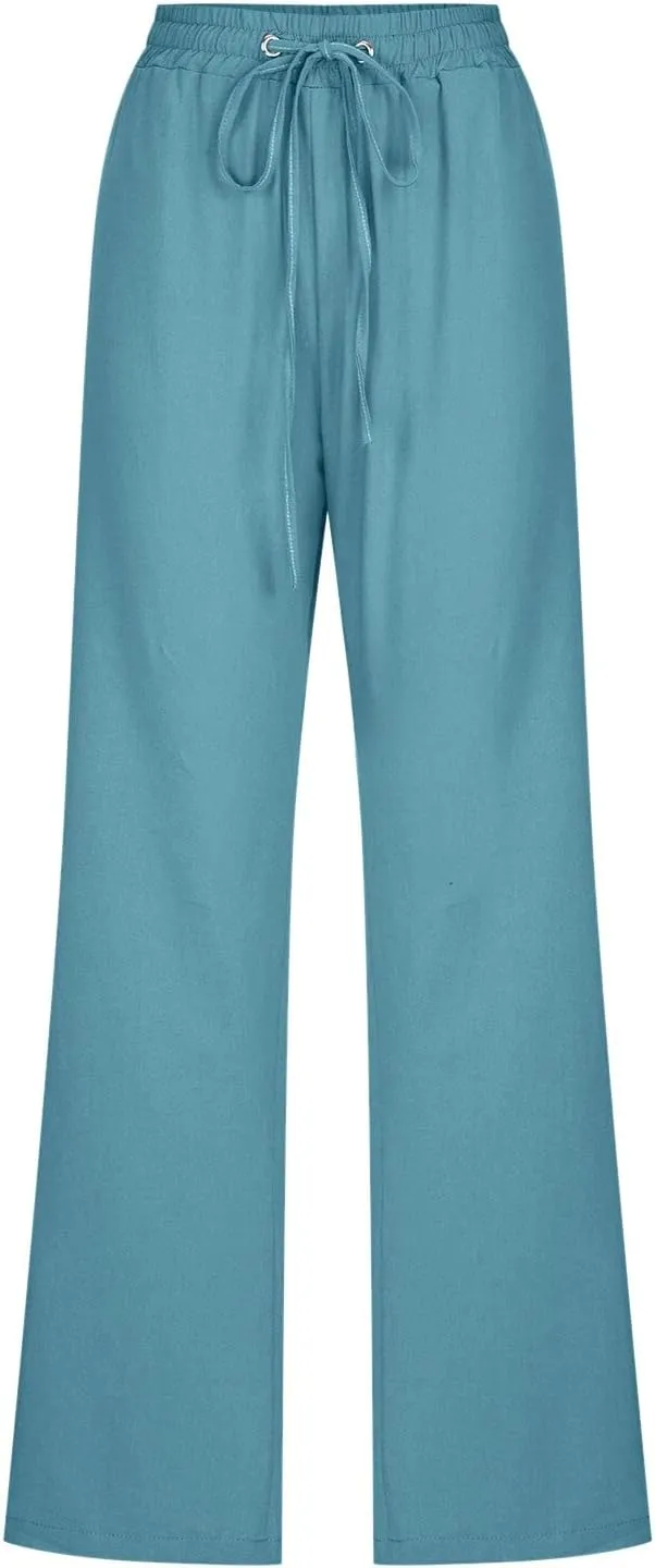 Women's Linen Pants Straight Leg Loose Trousers Drawstring Elastic High Waist Pants Comfy Palazzo Pants 2024, Medium