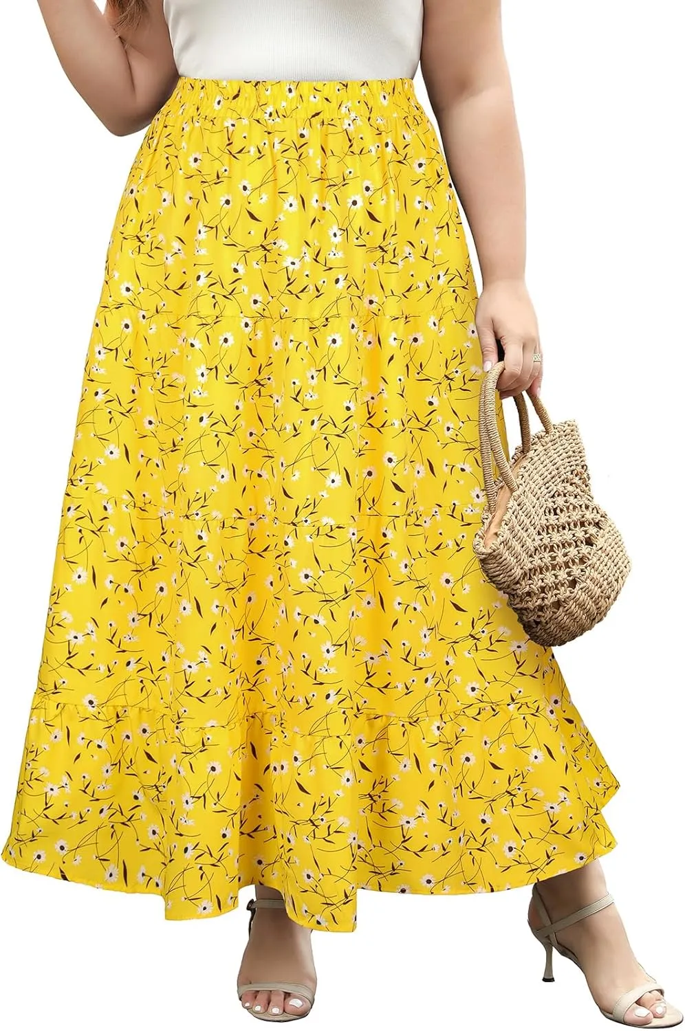 Women's Long Maxi Plus Size Skirt 2025 Trendy Flowy Elastic High Waist Casual Spring Swing A-line Floral Skirts