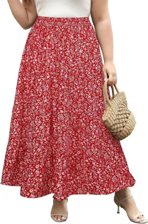 Women's Long Maxi Plus Size Skirt 2025 Trendy Flowy Elastic High Waist Casual Spring Swing A-line Floral Skirts
