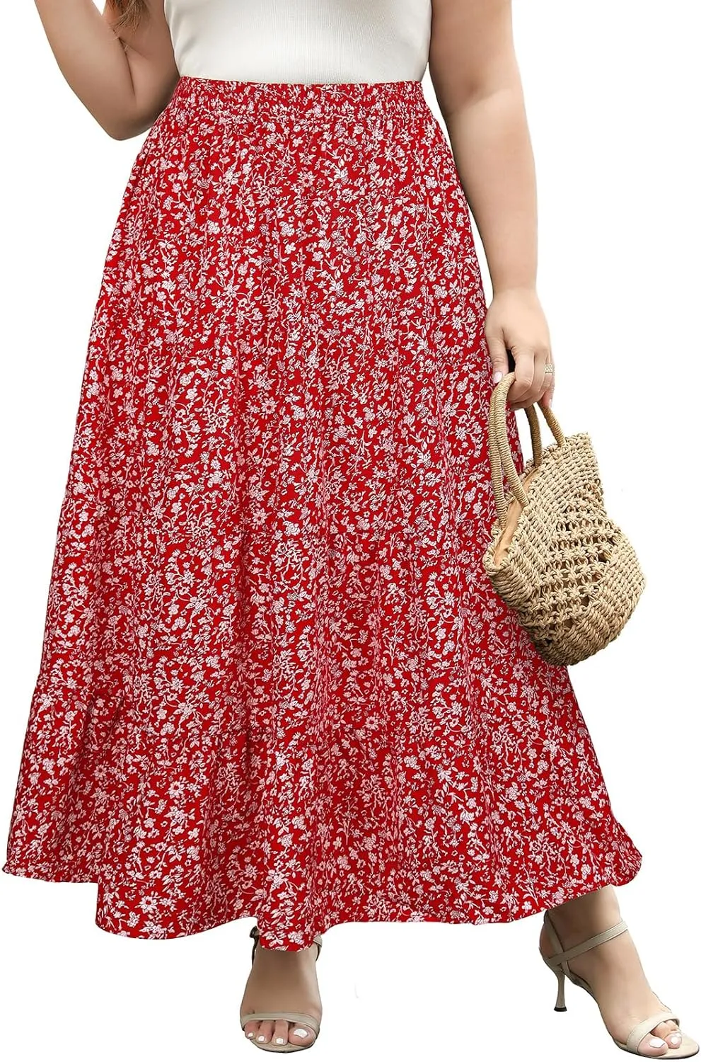 Women's Long Maxi Plus Size Skirt 2025 Trendy Flowy Elastic High Waist Casual Spring Swing A-line Floral Skirts