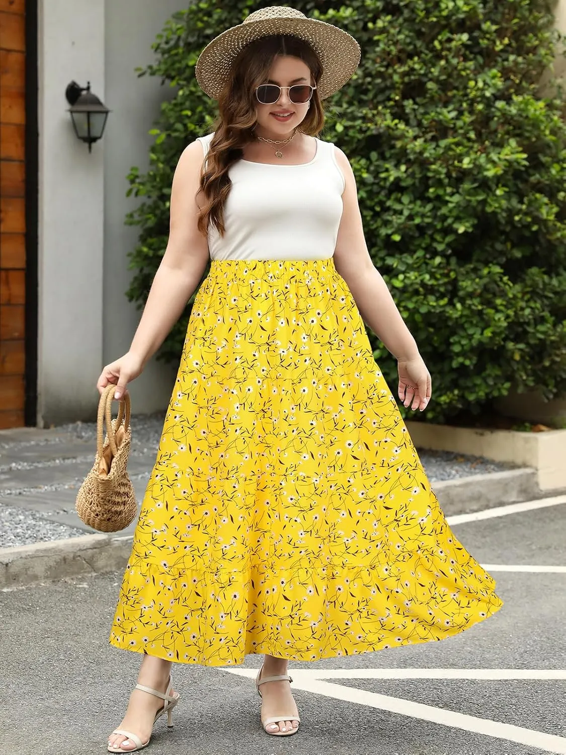 Women's Long Maxi Plus Size Skirt 2025 Trendy Flowy Elastic High Waist Casual Spring Swing A-line Floral Skirts