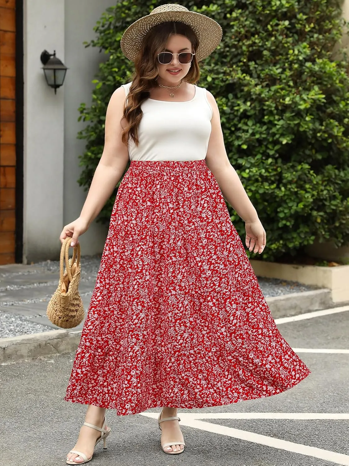 Women's Long Maxi Plus Size Skirt 2025 Trendy Flowy Elastic High Waist Casual Spring Swing A-line Floral Skirts