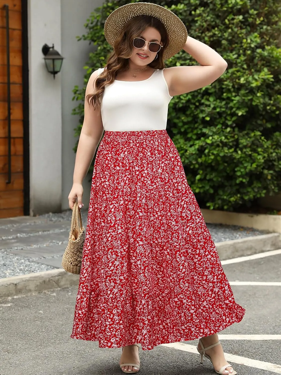 Women's Long Maxi Plus Size Skirt 2025 Trendy Flowy Elastic High Waist Casual Spring Swing A-line Floral Skirts