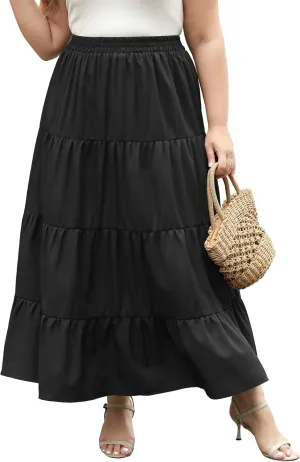 Women's Long Maxi Plus Size Skirt 2025 Trendy Flowy Elastic High Waist Casual Spring Swing A-line Floral Skirts