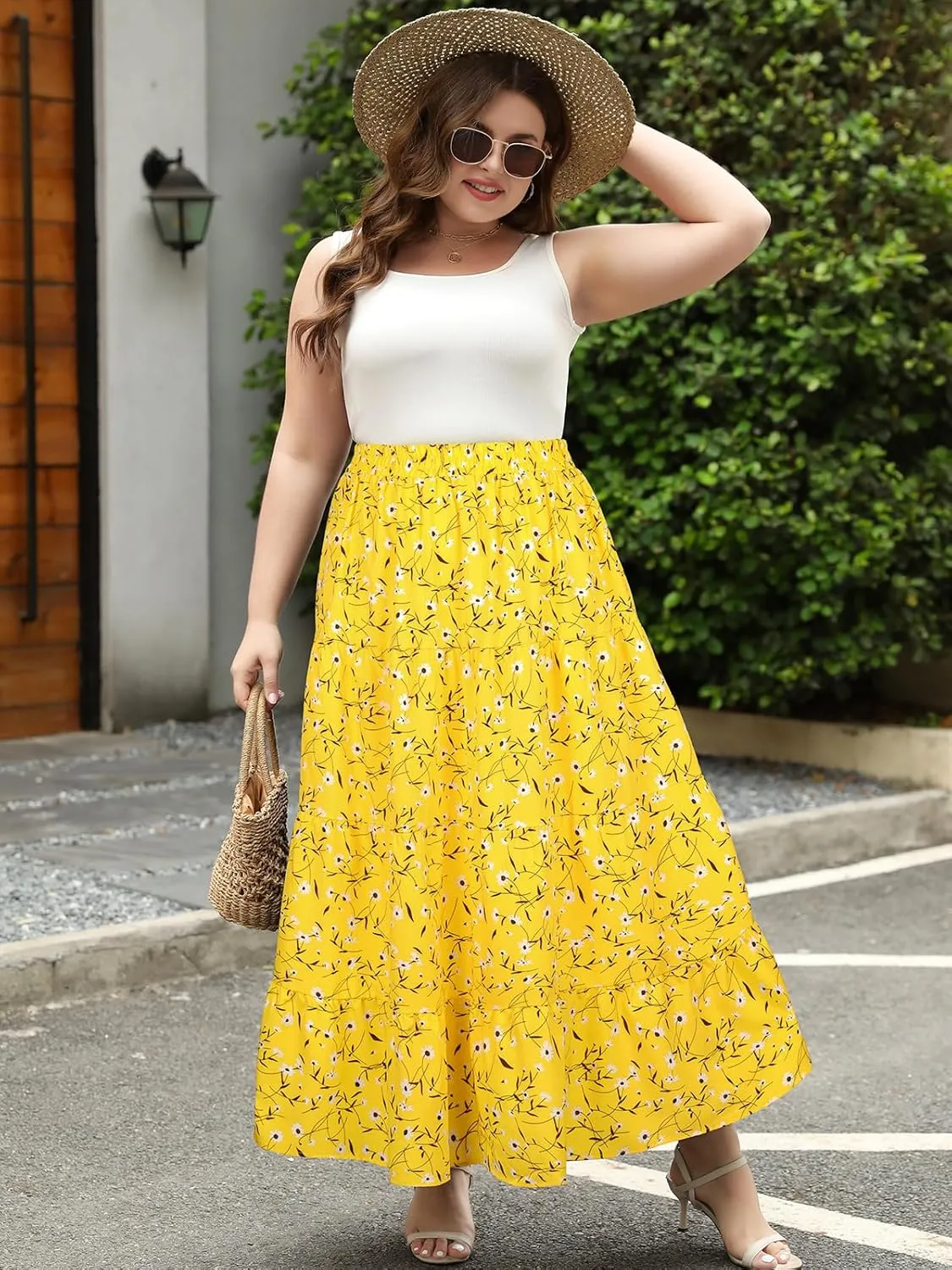 Women's Long Maxi Plus Size Skirt 2025 Trendy Flowy Elastic High Waist Casual Spring Swing A-line Floral Skirts