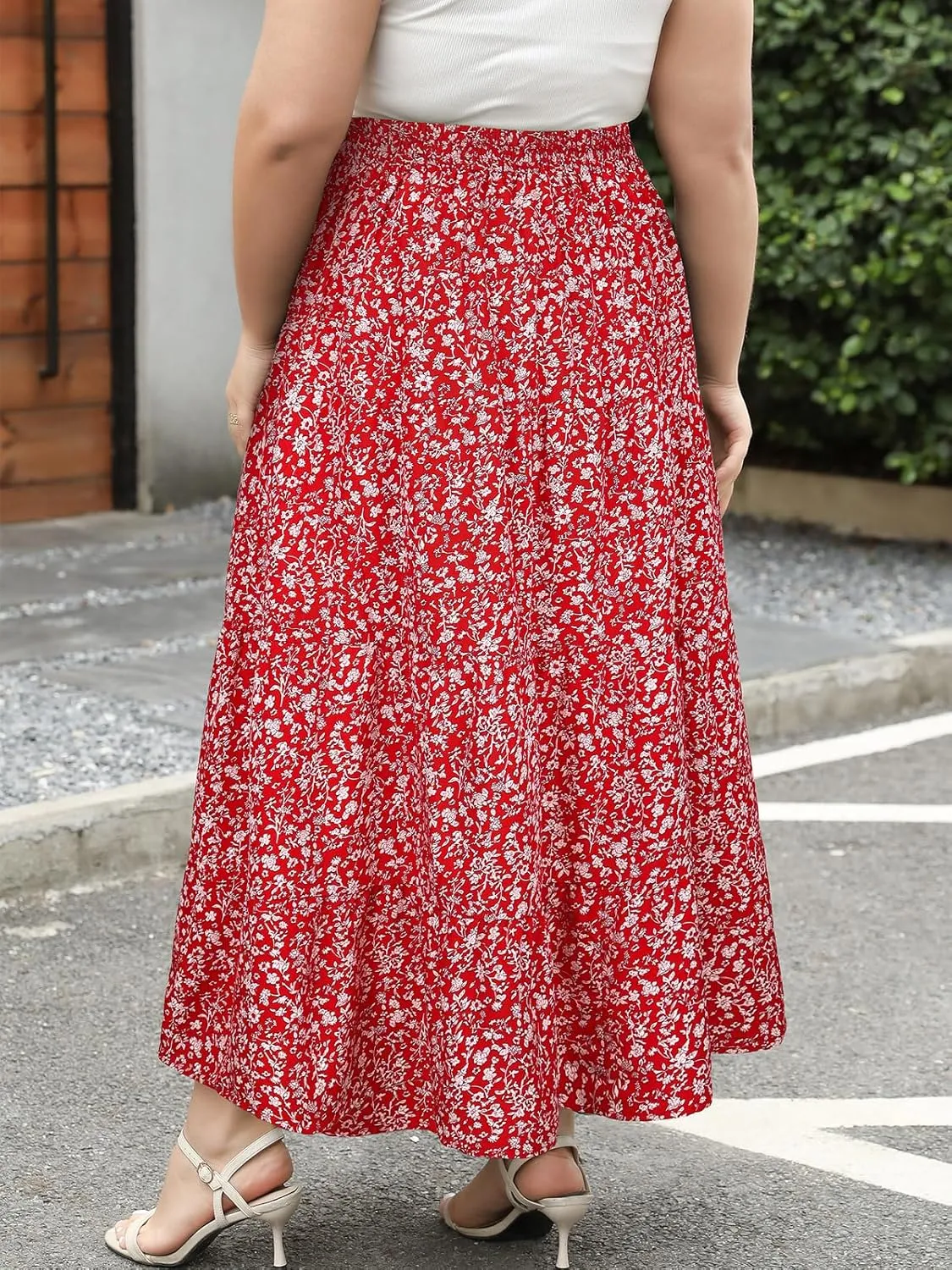 Women's Long Maxi Plus Size Skirt 2025 Trendy Flowy Elastic High Waist Casual Spring Swing A-line Floral Skirts