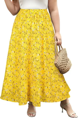 Women's Long Maxi Plus Size Skirt 2025 Trendy Flowy Elastic High Waist Casual Spring Swing A-line Floral Skirts