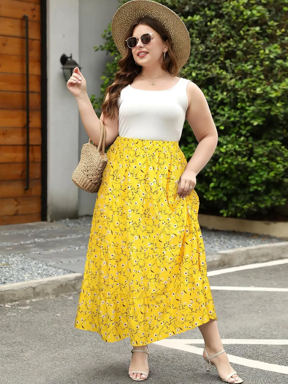 Women's Long Maxi Plus Size Skirt 2025 Trendy Flowy Elastic High Waist Casual Spring Swing A-line Floral Skirts