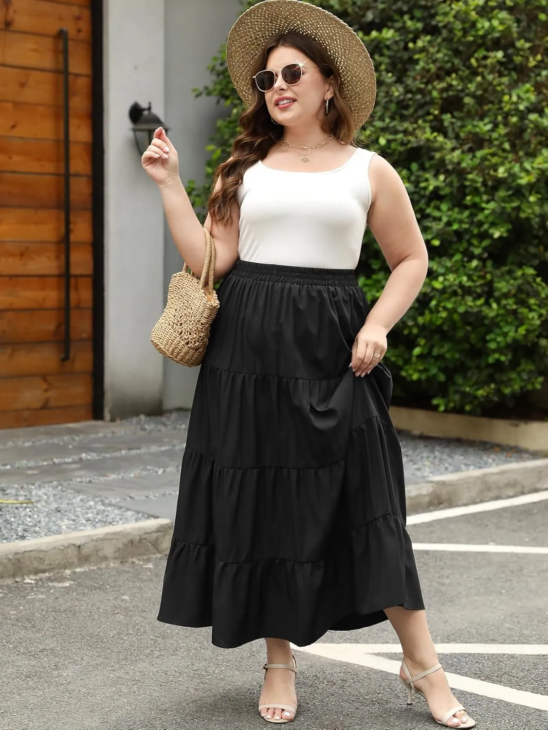 Women's Long Maxi Plus Size Skirt 2025 Trendy Flowy Elastic High Waist Casual Spring Swing A-line Floral Skirts