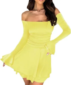 Women's Off Shoulder Long Sleeve Tube Dress Sexy Ruffle Y2K Tiered Flowy Bodycon Cocktail Party Formal Mini Dresses