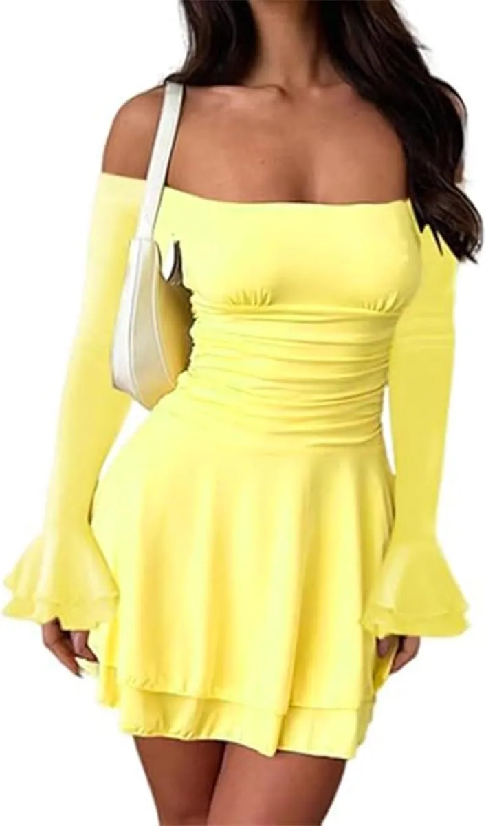 Women's Off Shoulder Long Sleeve Tube Dress Sexy Ruffle Y2K Tiered Flowy Bodycon Cocktail Party Formal Mini Dresses