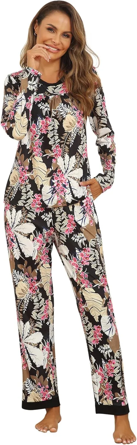 Women's Pajama Sets Lace Square Neck Shirt and Capri Pants Casual Sleepwear Loungewear With Pockets
