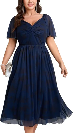 Womens Plus Size Wedding Guest Dress V Neck Short Sleeve Floral Boho Tulle Dress A Line Cocktail Formal Dresses