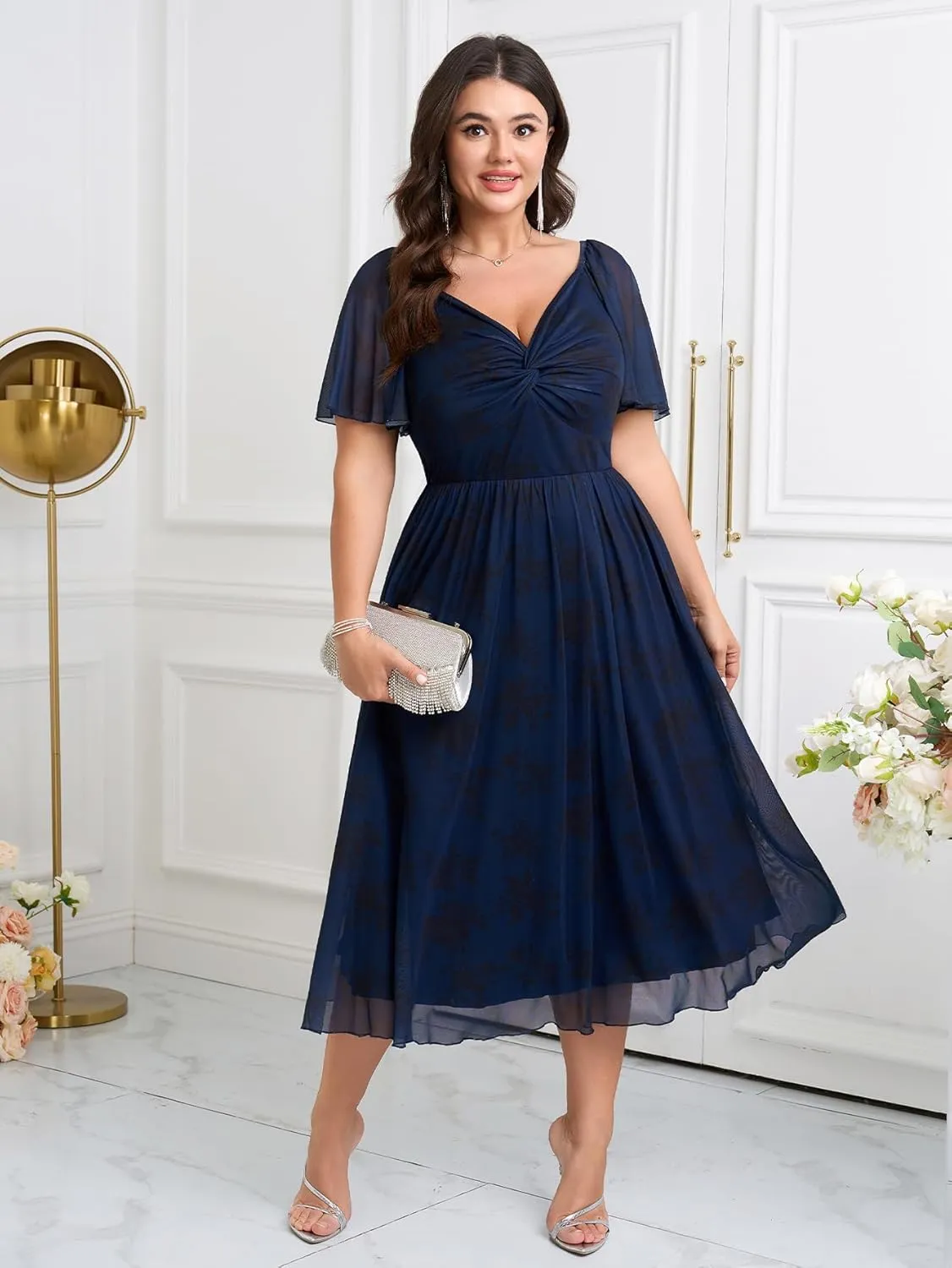 Womens Plus Size Wedding Guest Dress V Neck Short Sleeve Floral Boho Tulle Dress A Line Cocktail Formal Dresses