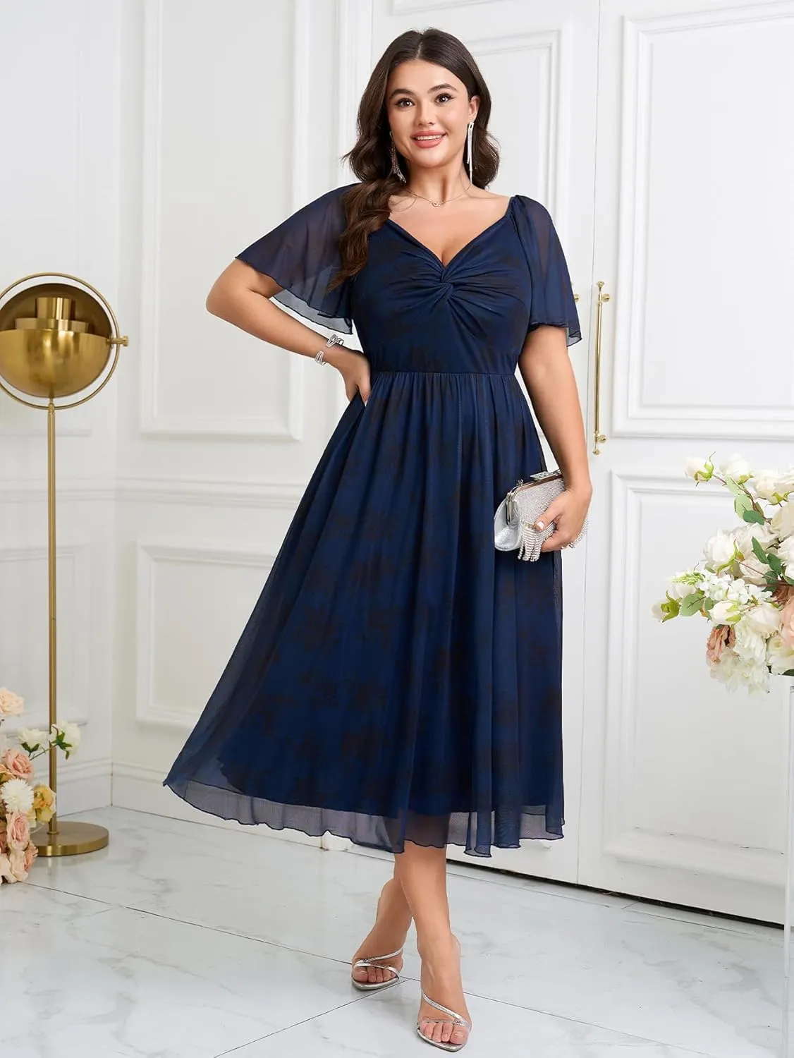 Womens Plus Size Wedding Guest Dress V Neck Short Sleeve Floral Boho Tulle Dress A Line Cocktail Formal Dresses