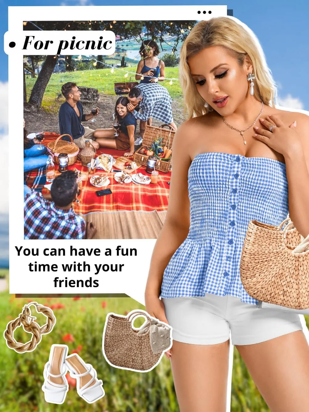 Women's Smocked Ruffle Tube Tops, Cute Gingham Peplum Top, Strapless Shirts for Summer Going Out