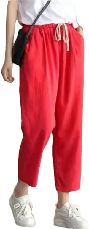 Women's Solid Color Cotton and Linen Pants Retro Loose Street Harem Casual High Waist Drawstring Pants