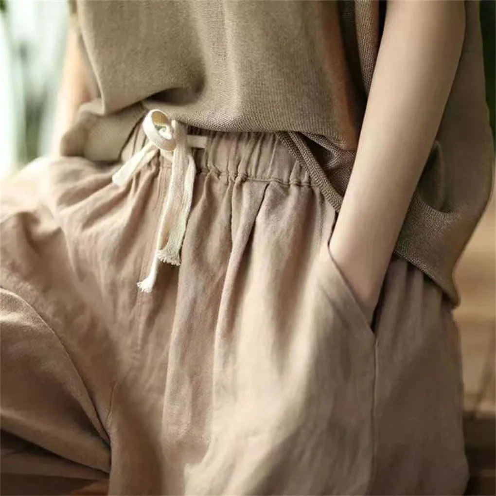 Women's Solid Color Cotton and Linen Pants Retro Loose Street Harem Casual High Waist Drawstring Pants