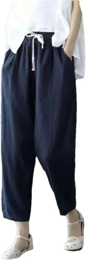 Women's Solid Color Cotton and Linen Pants Retro Loose Street Harem Casual High Waist Drawstring Pants