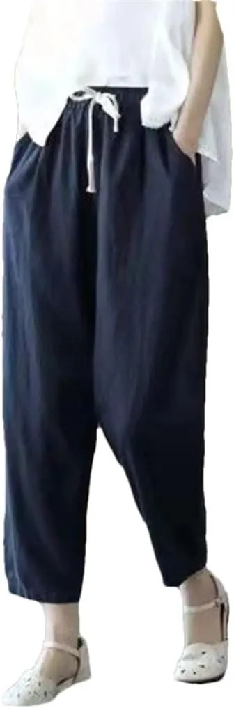 Women's Solid Color Cotton and Linen Pants Retro Loose Street Harem Casual High Waist Drawstring Pants