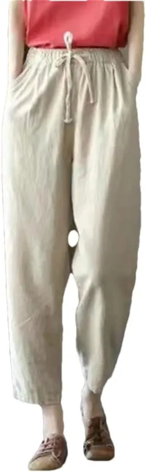 Women's Solid Color Cotton and Linen Pants Retro Loose Street Harem Casual High Waist Drawstring Pants