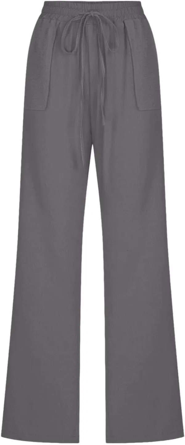 Women's Solid Cotton Linen Straight Pants Lightweight Summer Relax Fit Elastic Waist Lounge Long Trousers with Pockets