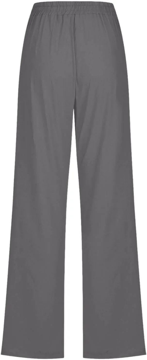 Women's Solid Cotton Linen Straight Pants Lightweight Summer Relax Fit Elastic Waist Lounge Long Trousers with Pockets