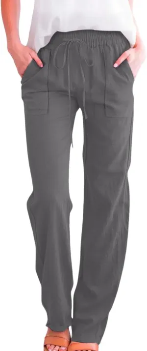 Women's Solid Cotton Linen Straight Pants Lightweight Summer Relax Fit Elastic Waist Lounge Long Trousers with Pockets
