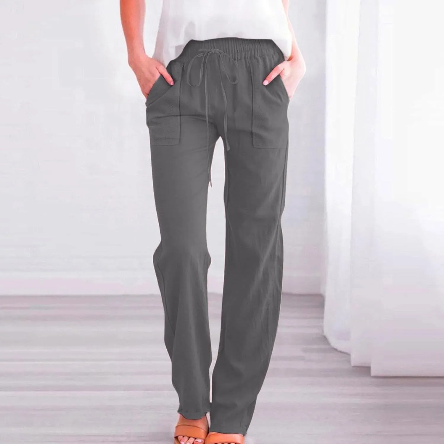 Women's Solid Cotton Linen Straight Pants Lightweight Summer Relax Fit Elastic Waist Lounge Long Trousers with Pockets