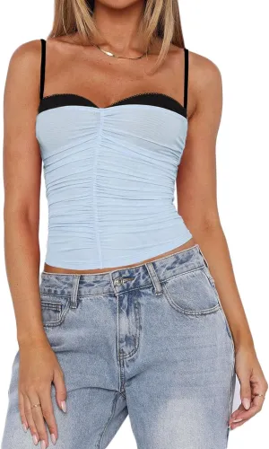 Women's Spaghetti Strap Tank Top Sexy Camisole Lace Trim Backless Cami Bustier Shirt Y2K Summer Going Out Tops