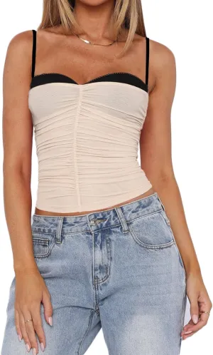 Women's Spaghetti Strap Tank Top Sexy Camisole Lace Trim Backless Cami Bustier Shirt Y2K Summer Going Out Tops