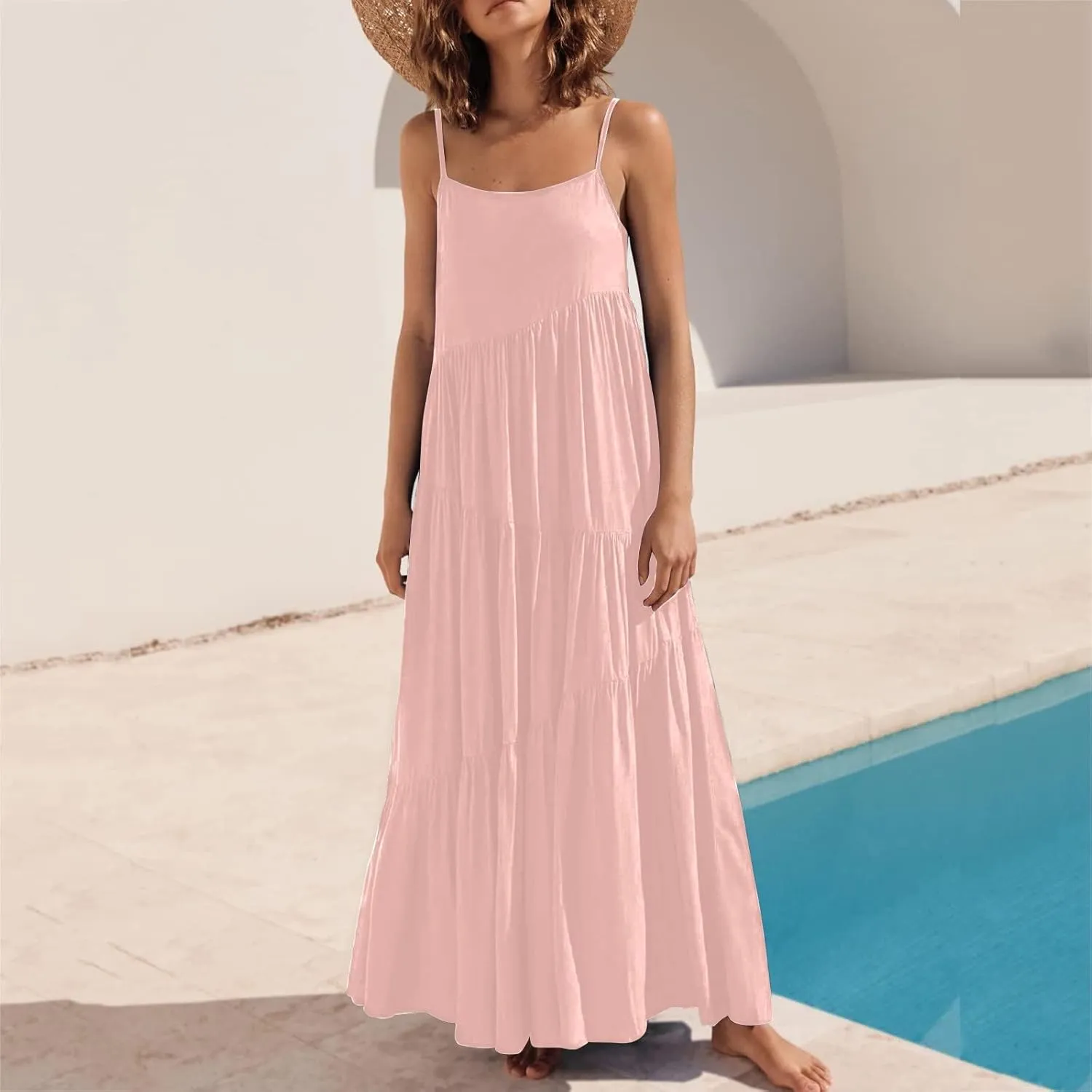 Women's Summer Casual Loose Sleeveless Spaghetti Strap Sundresses Asymmetric Tiered Swing Beach Maxi Long Dress