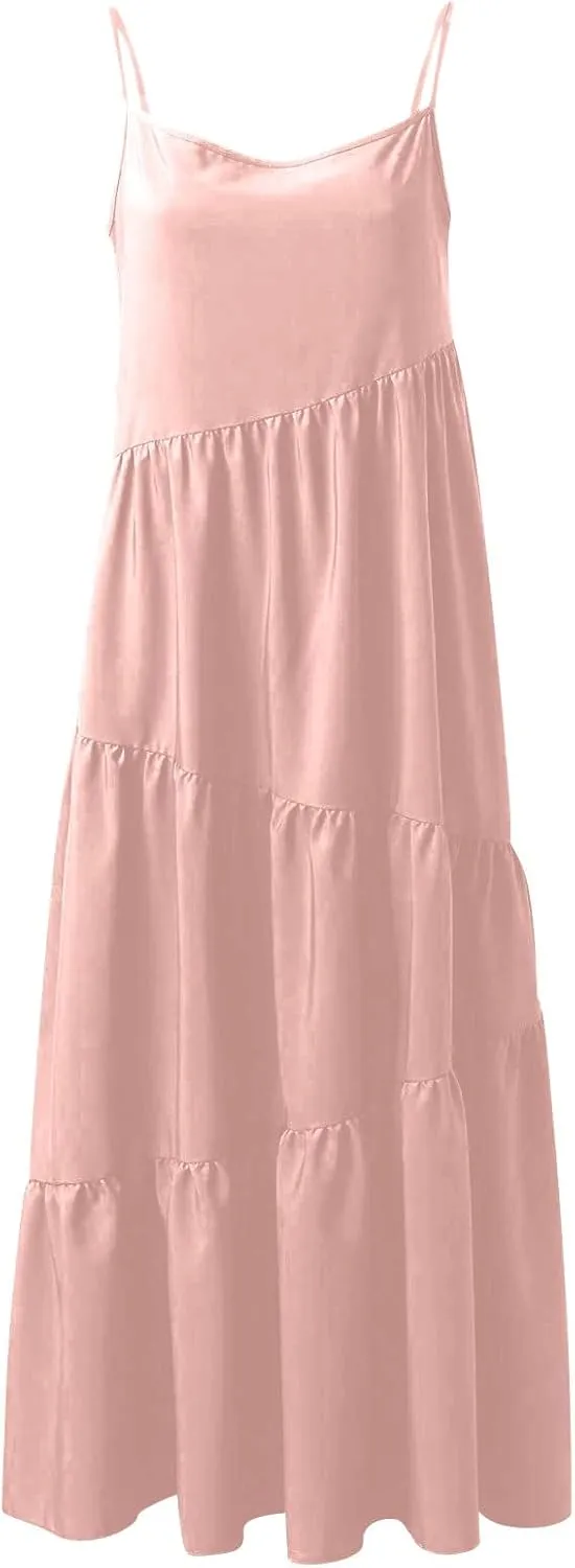 Women's Summer Casual Loose Sleeveless Spaghetti Strap Sundresses Asymmetric Tiered Swing Beach Maxi Long Dress