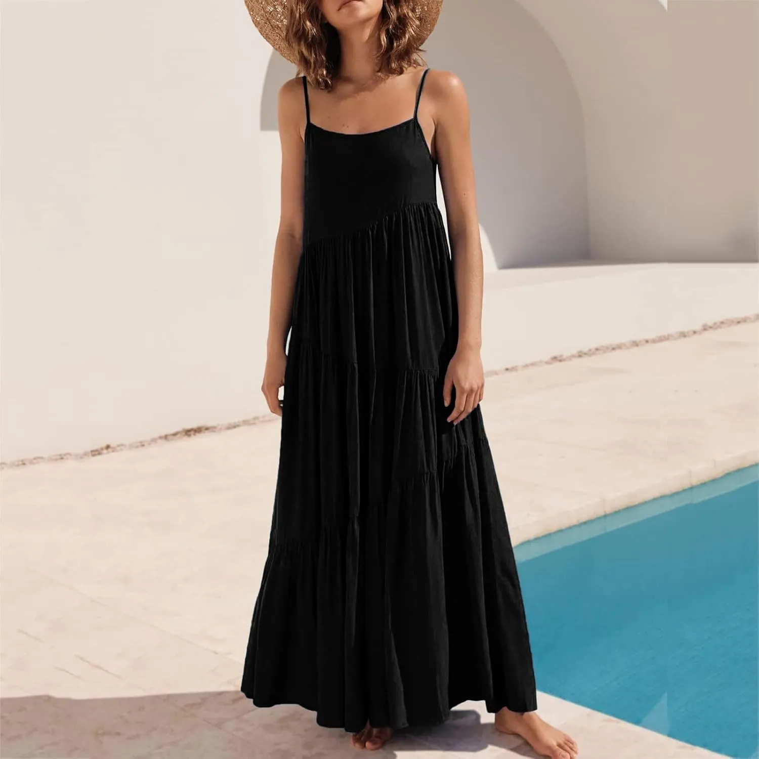 Women's Summer Casual Loose Sleeveless Spaghetti Strap Sundresses Asymmetric Tiered Swing Beach Maxi Long Dress