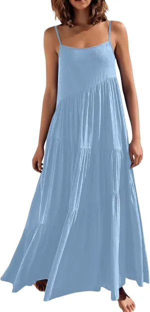 Women's Summer Casual Loose Sleeveless Spaghetti Strap Sundresses Asymmetric Tiered Swing Beach Maxi Long Dress