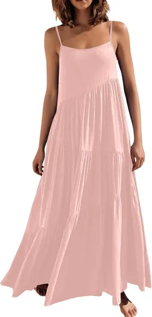 Women's Summer Casual Loose Sleeveless Spaghetti Strap Sundresses Asymmetric Tiered Swing Beach Maxi Long Dress