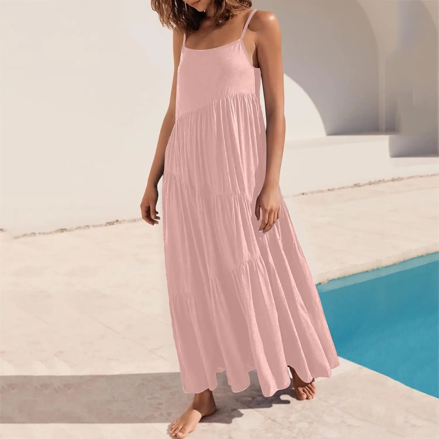 Women's Summer Casual Loose Sleeveless Spaghetti Strap Sundresses Asymmetric Tiered Swing Beach Maxi Long Dress