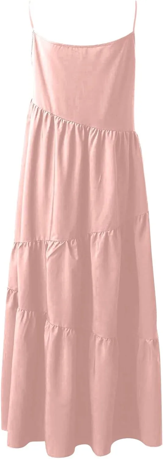 Women's Summer Casual Loose Sleeveless Spaghetti Strap Sundresses Asymmetric Tiered Swing Beach Maxi Long Dress