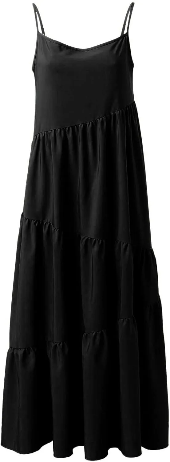 Women's Summer Casual Loose Sleeveless Spaghetti Strap Sundresses Asymmetric Tiered Swing Beach Maxi Long Dress