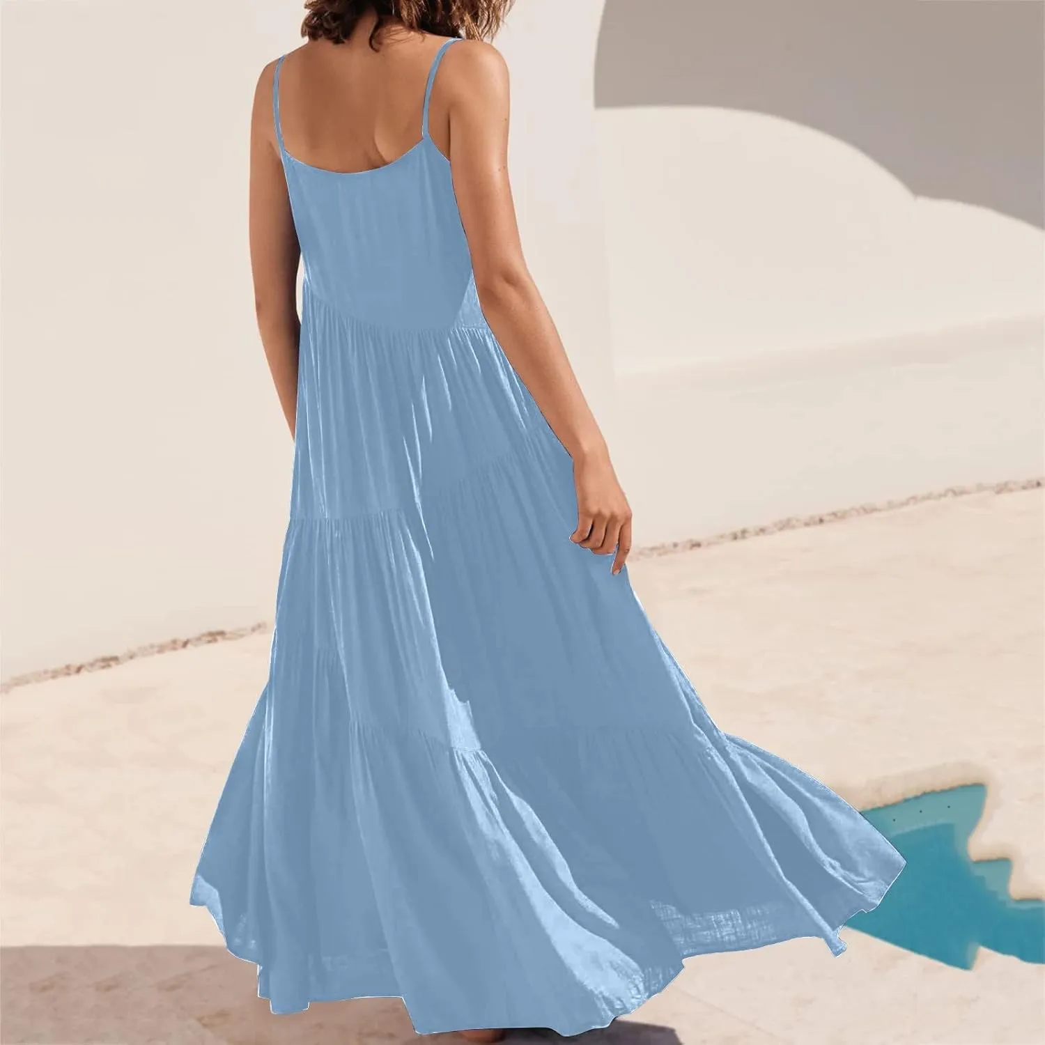 Women's Summer Casual Loose Sleeveless Spaghetti Strap Sundresses Asymmetric Tiered Swing Beach Maxi Long Dress