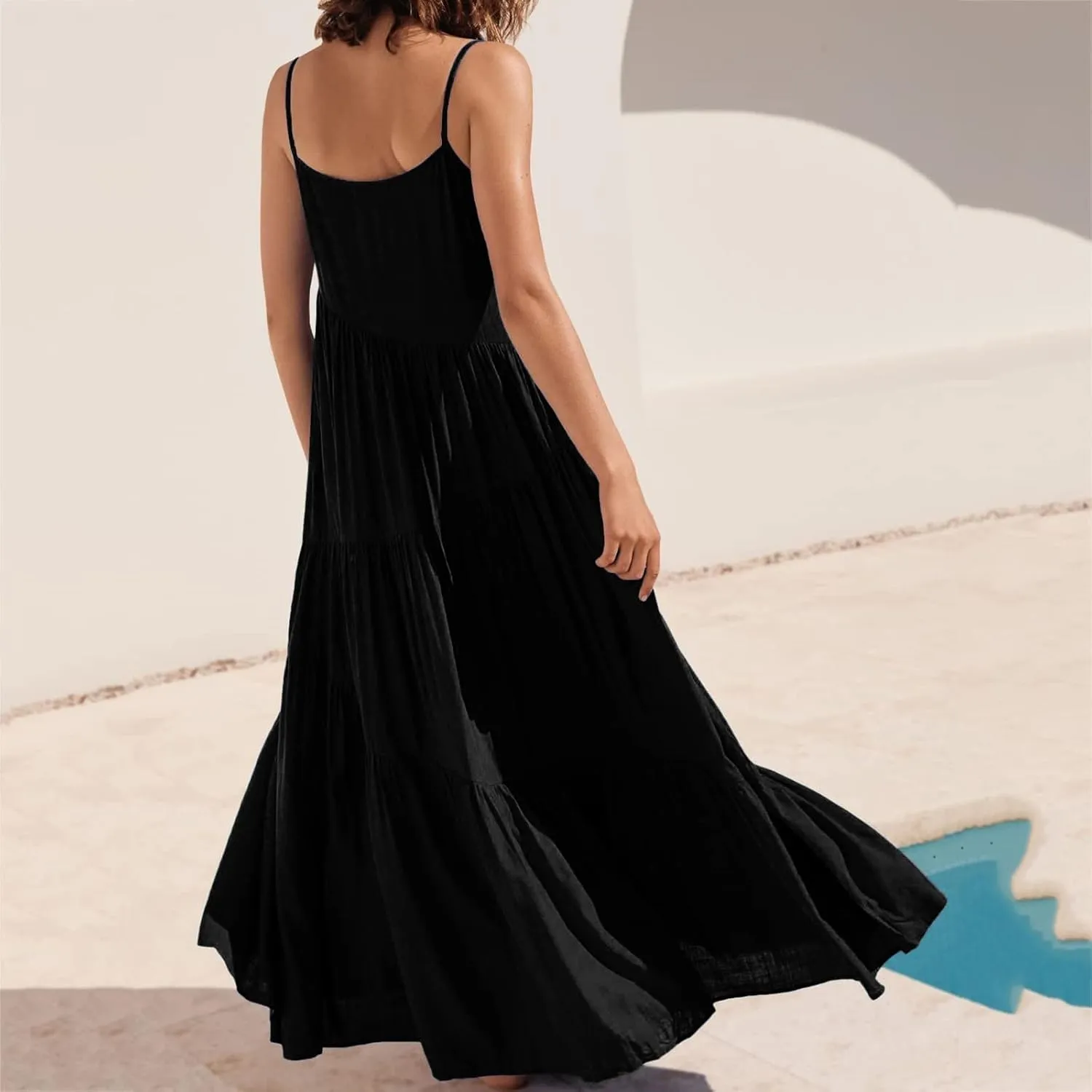 Women's Summer Casual Loose Sleeveless Spaghetti Strap Sundresses Asymmetric Tiered Swing Beach Maxi Long Dress