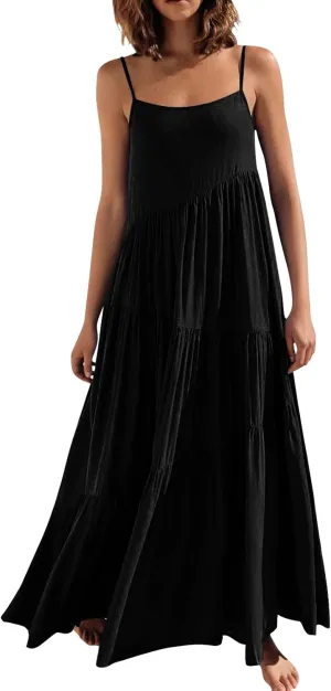 Women's Summer Casual Loose Sleeveless Spaghetti Strap Sundresses Asymmetric Tiered Swing Beach Maxi Long Dress