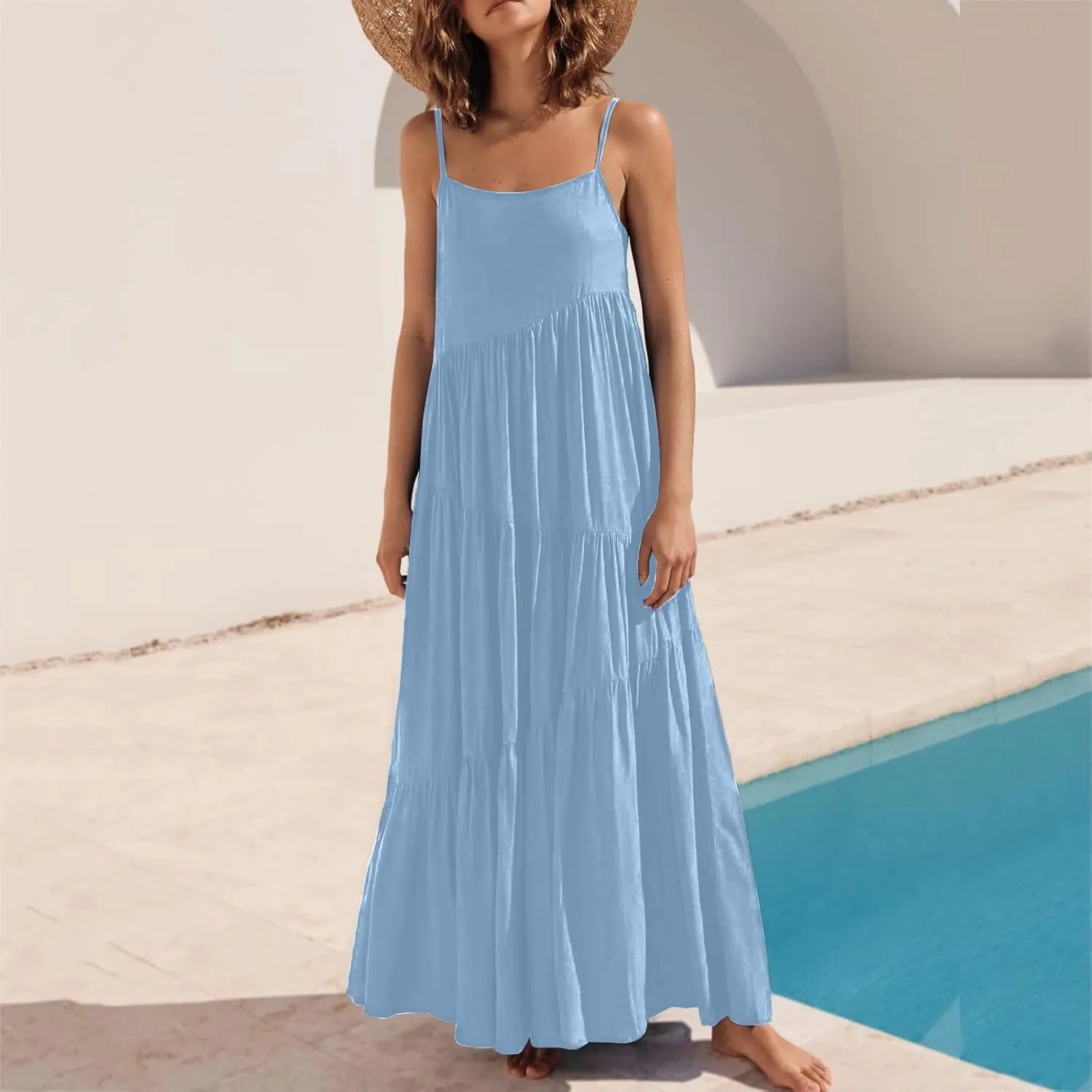 Women's Summer Casual Loose Sleeveless Spaghetti Strap Sundresses Asymmetric Tiered Swing Beach Maxi Long Dress