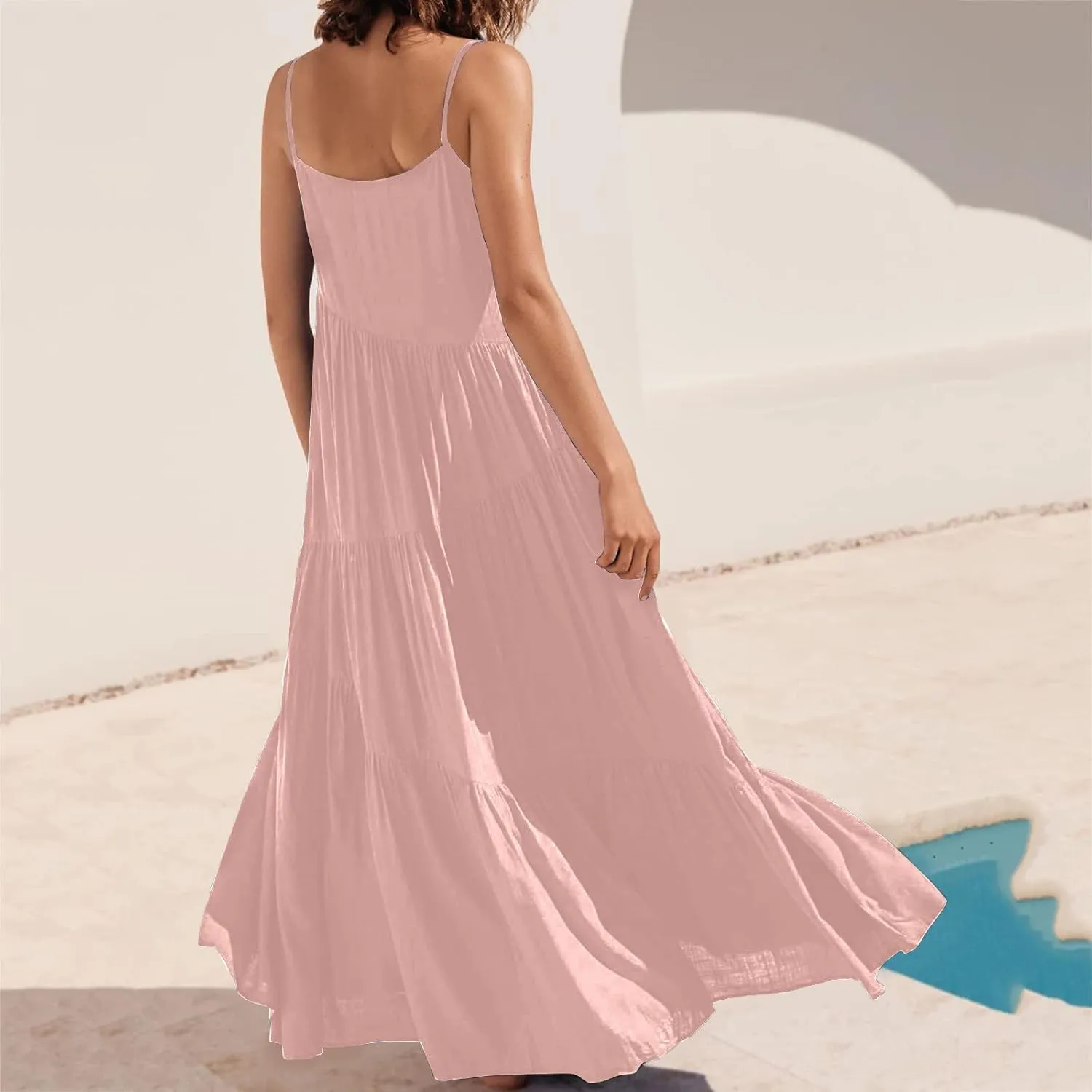 Women's Summer Casual Loose Sleeveless Spaghetti Strap Sundresses Asymmetric Tiered Swing Beach Maxi Long Dress