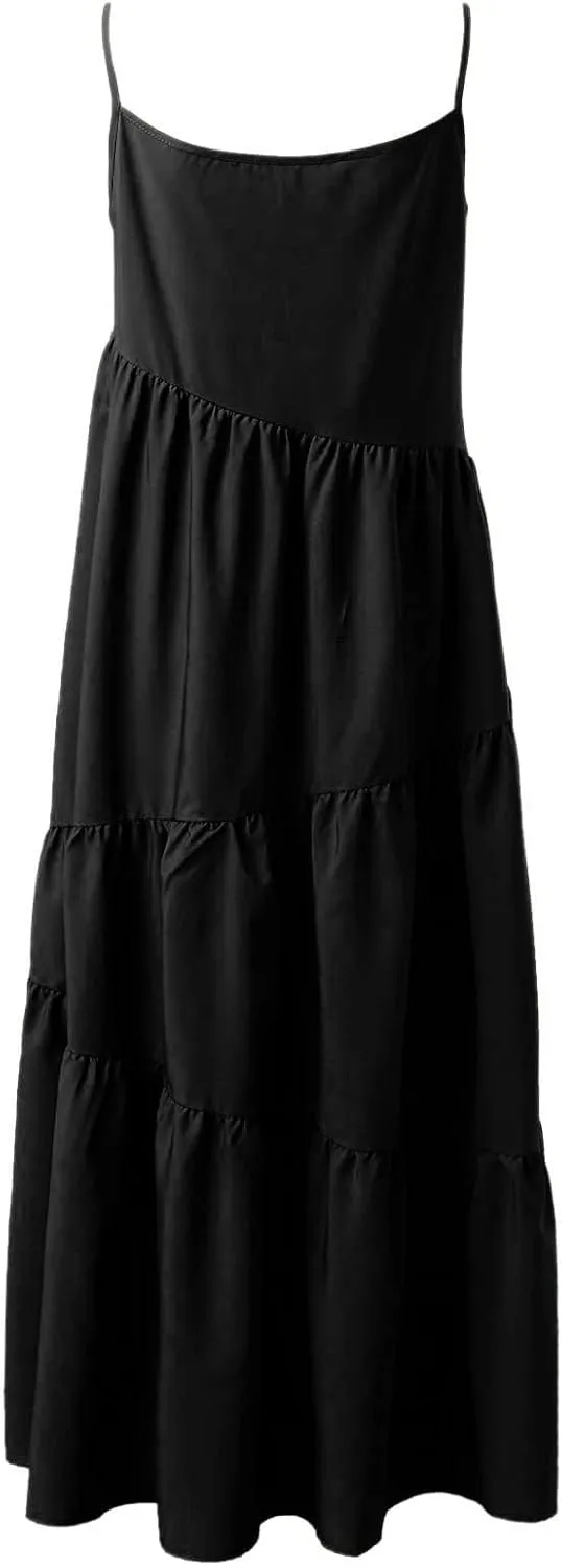 Women's Summer Casual Loose Sleeveless Spaghetti Strap Sundresses Asymmetric Tiered Swing Beach Maxi Long Dress