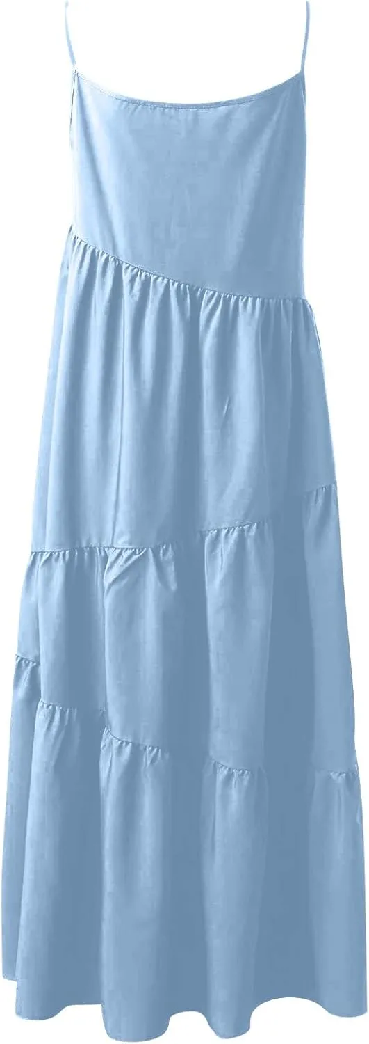 Women's Summer Casual Loose Sleeveless Spaghetti Strap Sundresses Asymmetric Tiered Swing Beach Maxi Long Dress