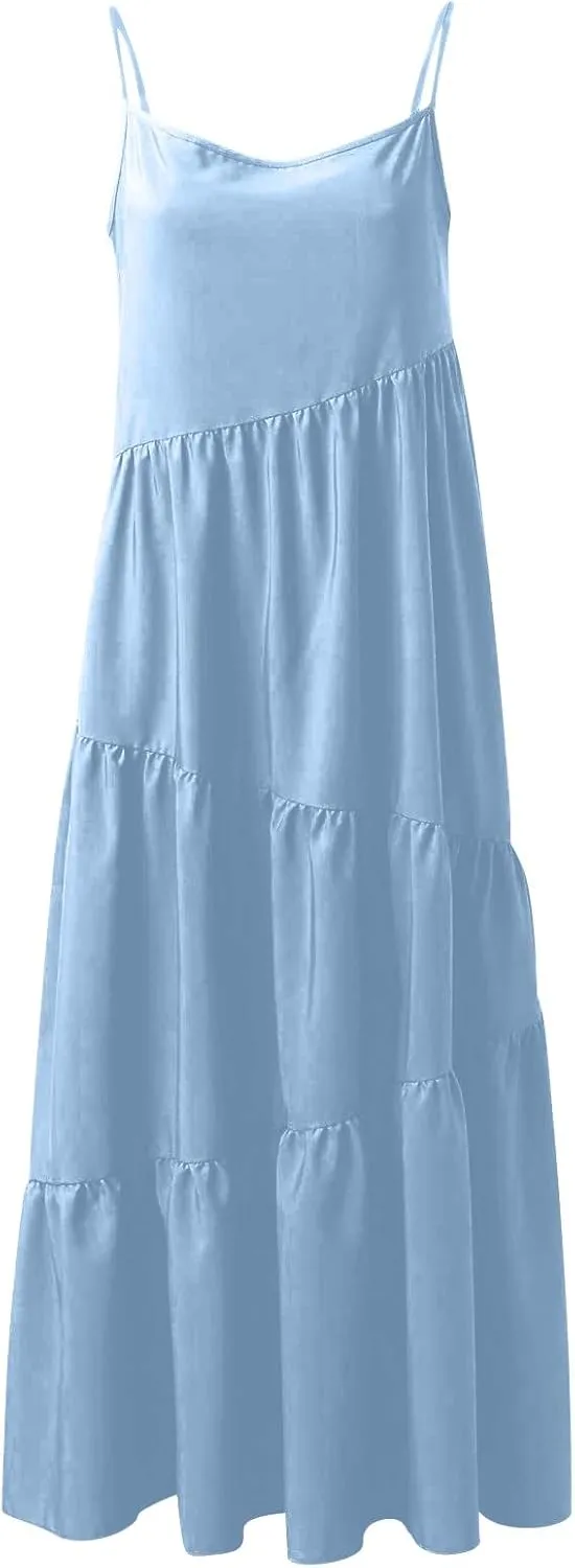Women's Summer Casual Loose Sleeveless Spaghetti Strap Sundresses Asymmetric Tiered Swing Beach Maxi Long Dress